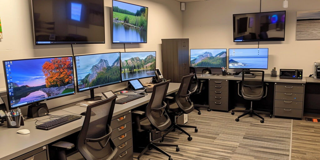 Office technology solutions are displayed in action, with various computers shown connected in one business office